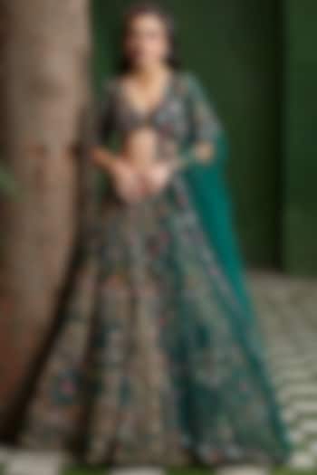 Emerald Green Net Sequins Hand Embroidered Bridal Lehenga Set by OPUS ATELIER at Pernia's Pop Up Shop