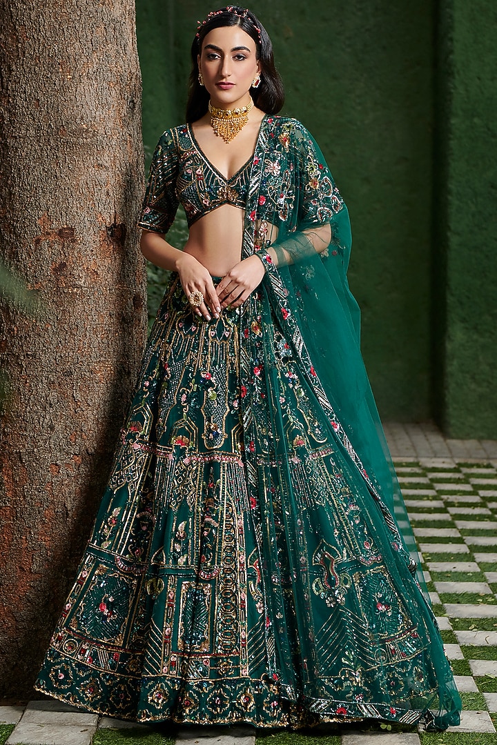 Emerald Green Net Sequins Hand Embroidered Bridal Lehenga Set by OPUS ATELIER at Pernia's Pop Up Shop