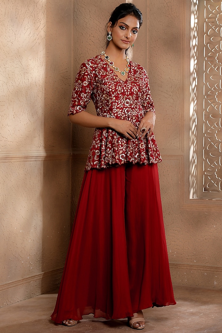 Red Viscose Satin Organza Sharara Set by Omana by Ranjana Bothra at Pernia's Pop Up Shop