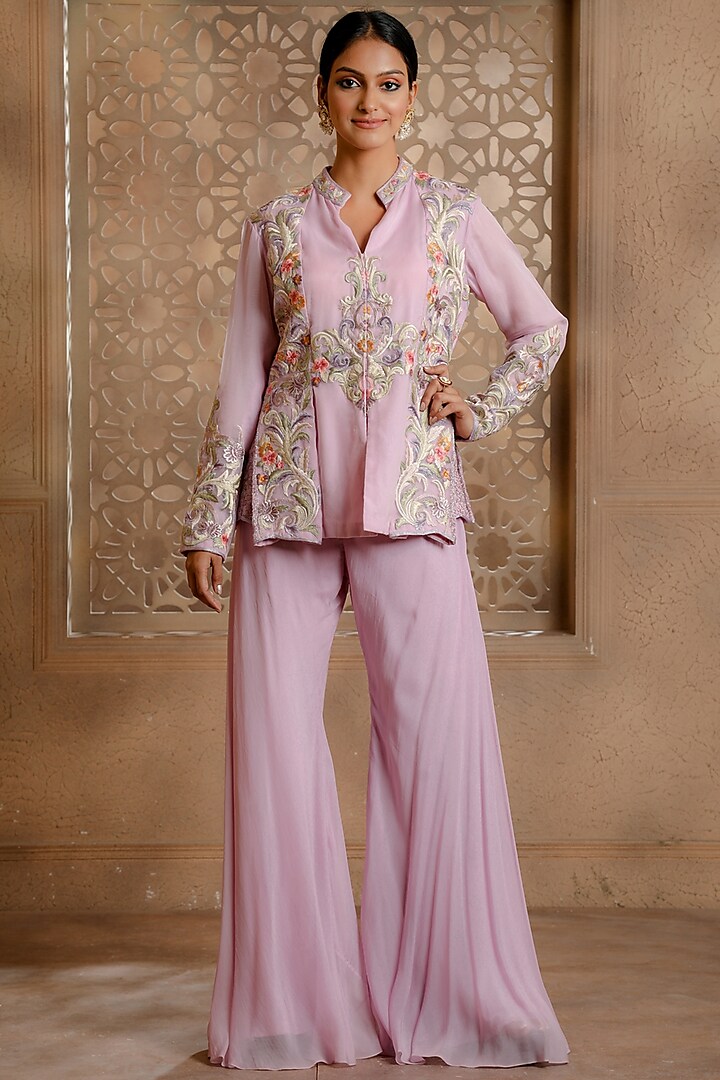 Lilac Organza Embroidered Jacket Set by Omana by Ranjana Bothra