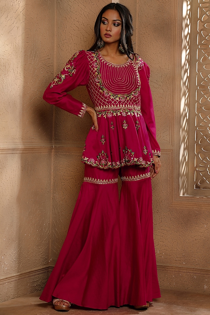 Dark Pink Chanderi Gharara Set by Omana by Ranjana Bothra