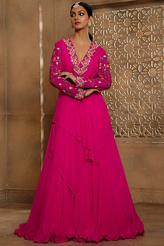 Fuchsia Satin Organza Hand Embroidered Draped Anarkali by Omana by Ranjana Bothra