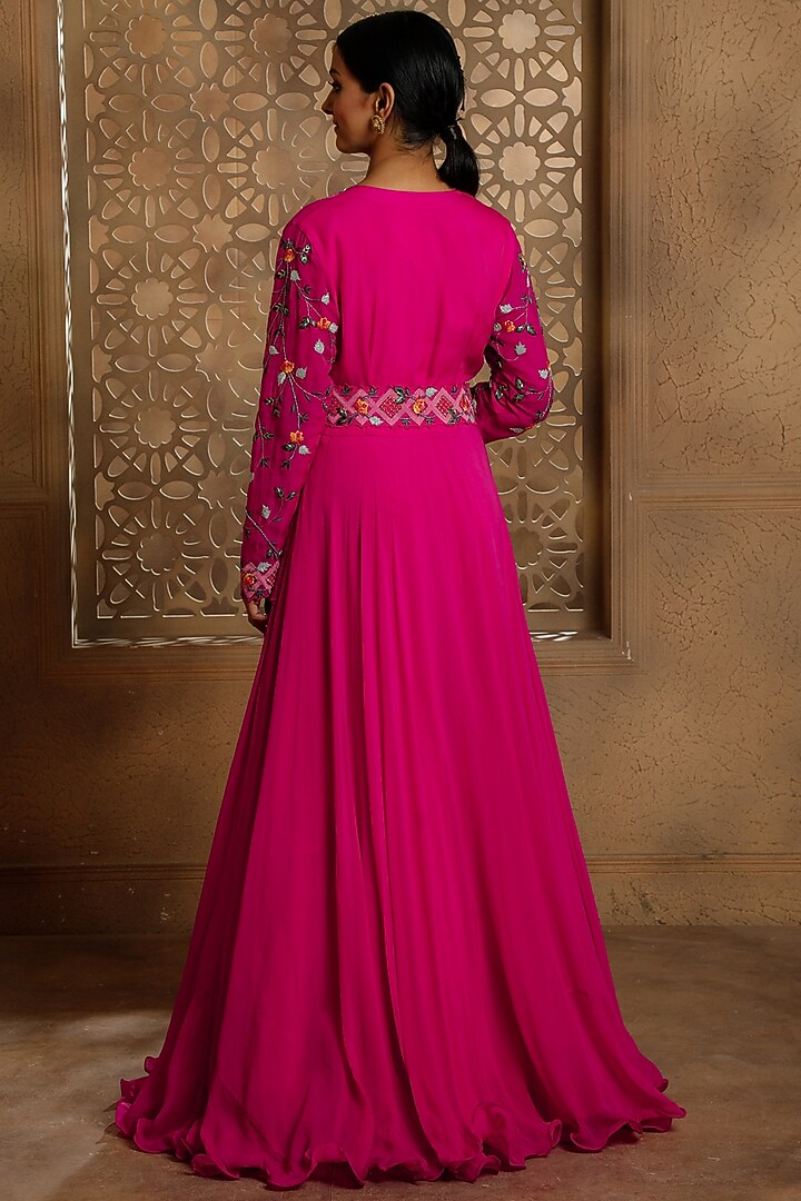 Fuchsia Satin Organza Hand Embroidered Draped Wedding Anarkali by Omana by Ranjana Bothra at Pernia's Pop Up Shop