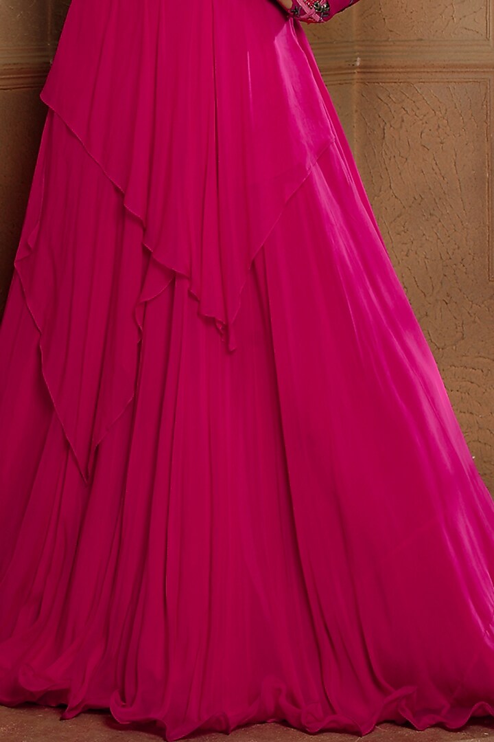 Fuchsia Satin Organza Hand Embroidered Draped Wedding Anarkali by Omana by Ranjana Bothra at Pernia's Pop Up Shop