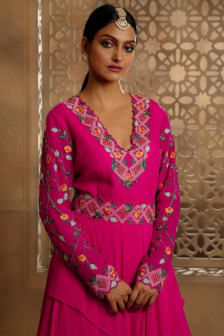 Fuchsia Satin Organza Hand Embroidered Draped Wedding Anarkali by Omana by Ranjana Bothra at Pernia's Pop Up Shop