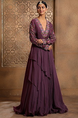 Mauve Satin Organza Hand Embroidered Draped Anarkali by Omana by Ranjana Bothra