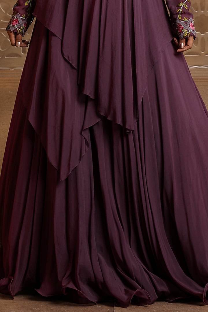 Mauve Satin Organza Hand Embroidered Draped Wedding Anarkali by Omana by Ranjana Bothra at Pernia's Pop Up Shop