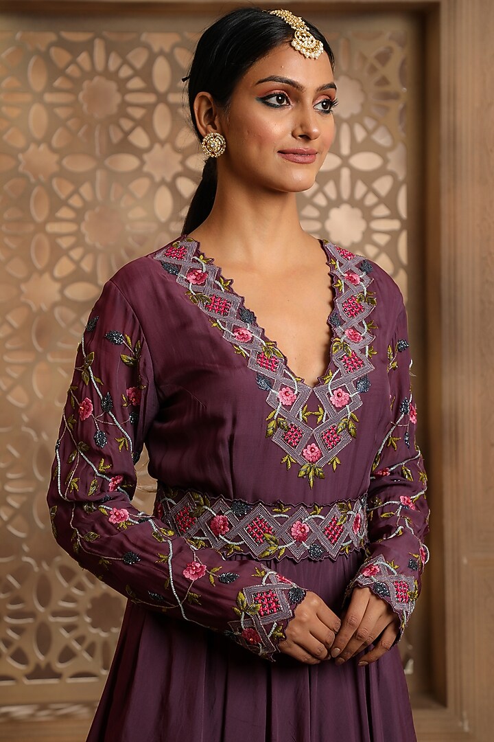 Mauve Satin Organza Hand Embroidered Draped Wedding Anarkali by Omana by Ranjana Bothra at Pernia's Pop Up Shop