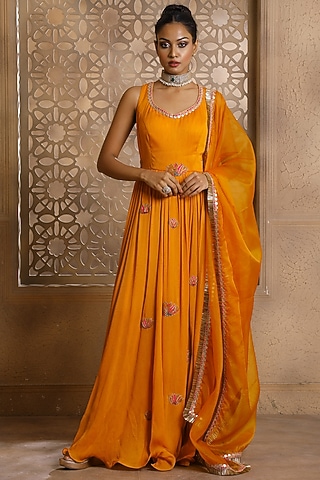 Mustard Crinkled Chiffon Embroidered Anarkali Set by Omana by Ranjana Bothra