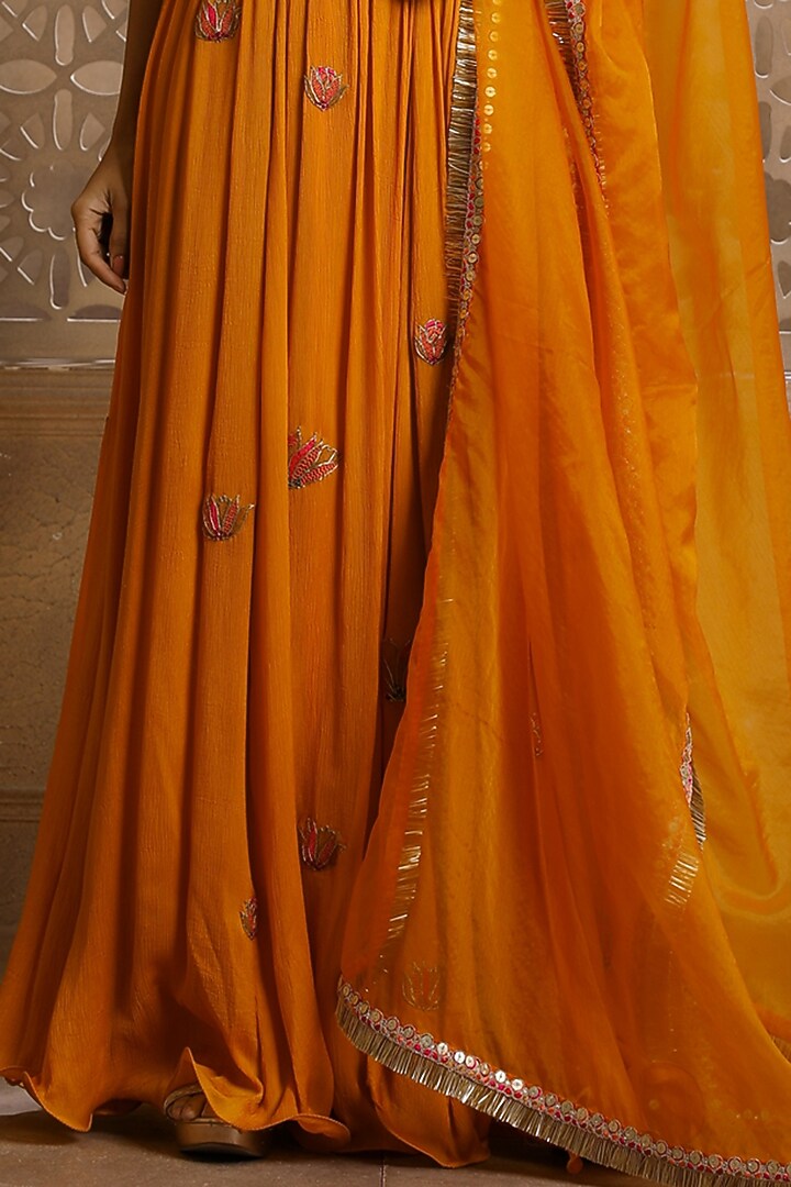 Mustard Crinkled Chiffon Embroidered Party Wear Anarkali Set by Omana by Ranjana Bothra at Pernia's Pop Up Shop