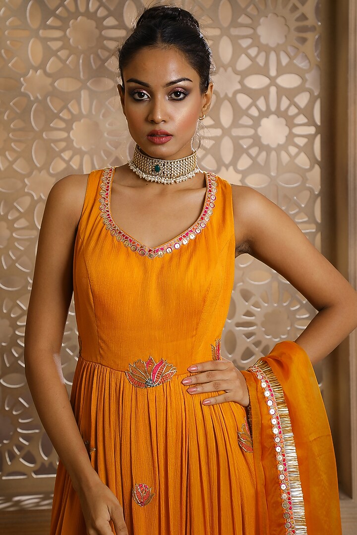 Mustard Crinkled Chiffon Embroidered Party Wear Anarkali Set by Omana by Ranjana Bothra at Pernia's Pop Up Shop