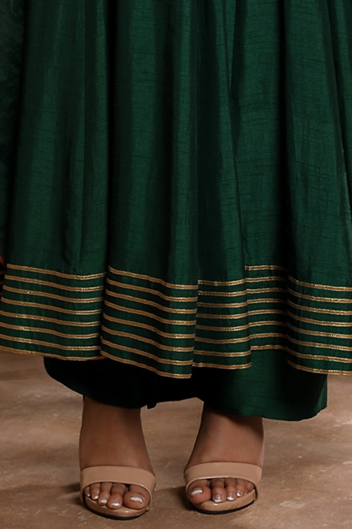 Emerald Green Raw Silk Embroidered Party Wear Anarkali Set by Omana by Ranjana Bothra at Pernia's Pop Up Shop