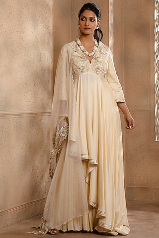 Ivory Raw Silk Embroidered Anarkali Set by Omana by Ranjana Bothra