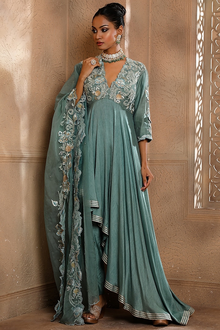 Teal Raw Silk Embroidered Anarkali Set by Omana by Ranjana Bothra