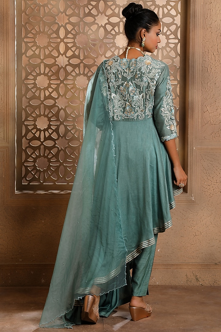 Teal Raw Silk Embroidered Wedding Anarkali Set by Omana by Ranjana Bothra at Pernia's Pop Up Shop