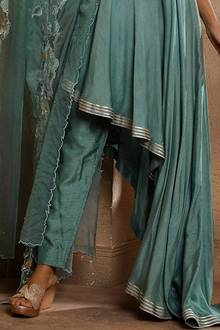Teal Raw Silk Embroidered Wedding Anarkali Set by Omana by Ranjana Bothra at Pernia's Pop Up Shop