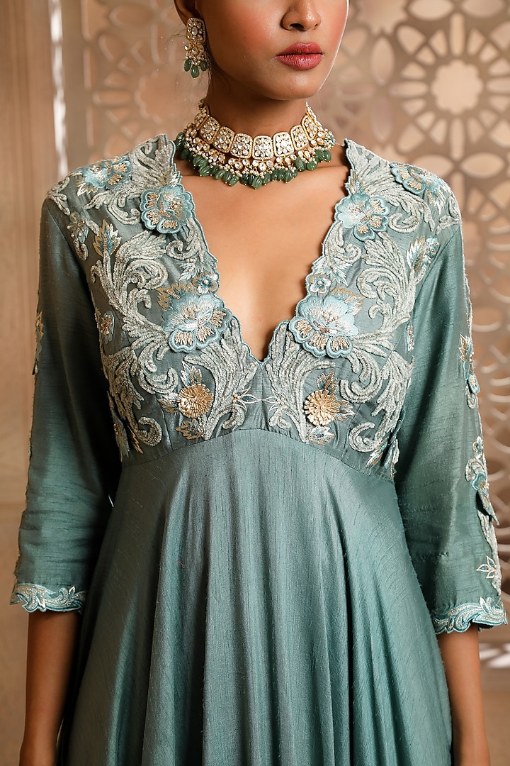 Teal Raw Silk Embroidered Wedding Anarkali Set by Omana by Ranjana Bothra at Pernia's Pop Up Shop