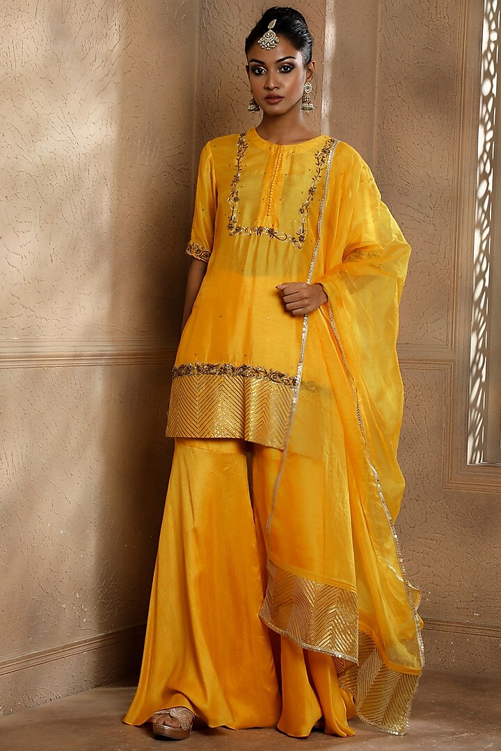 Yellow Cupro Raw Silk Gharara Set by Omana by Ranjana Bothra