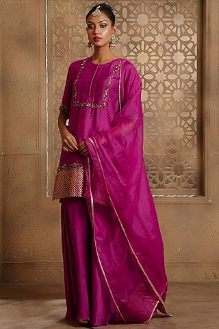 Magenta Cupro Raw Silk Gharara Set by Omana by Ranjana Bothra