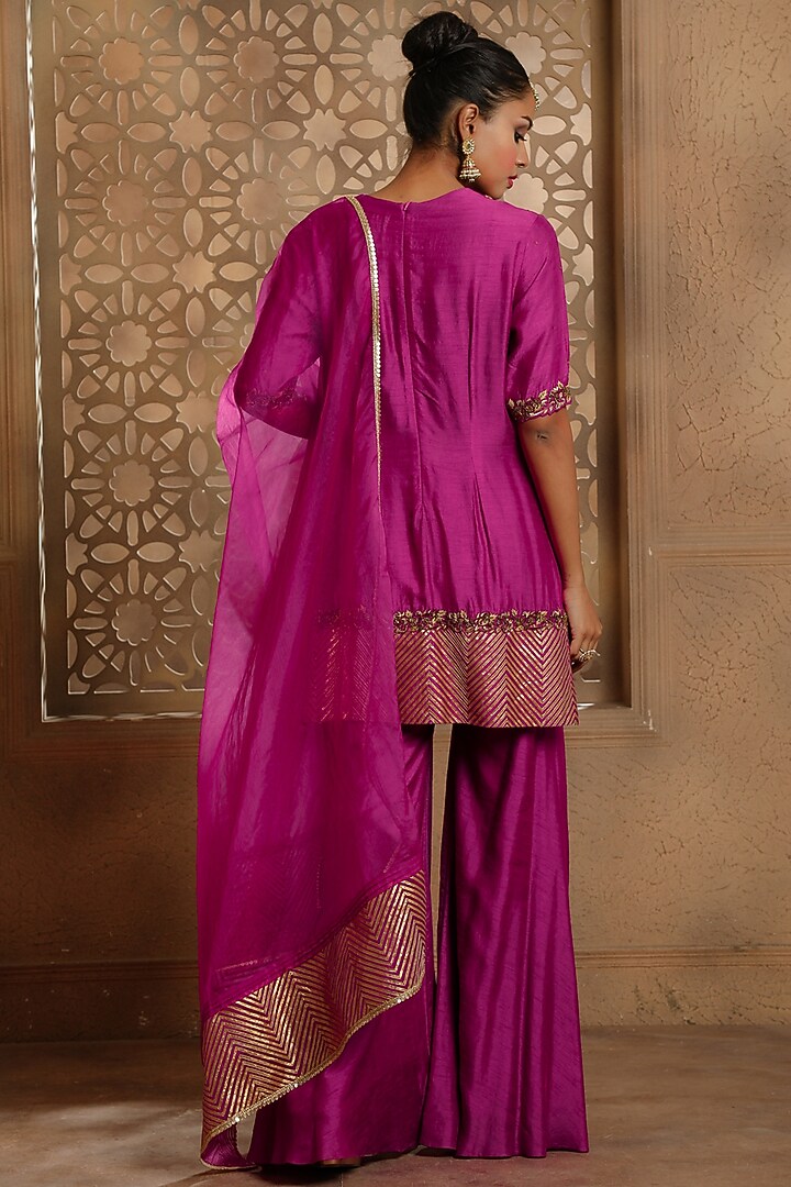 Magenta Cupro Raw Silk Gharara Set by Omana by Ranjana Bothra at Pernia's Pop Up Shop