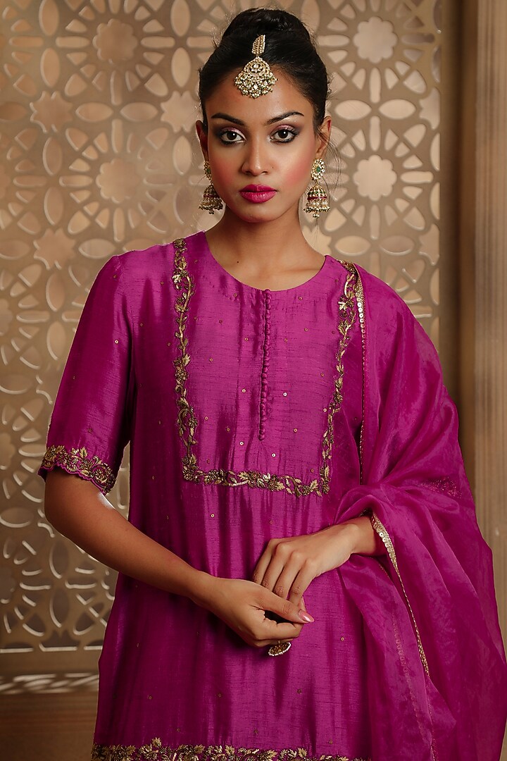 Magenta Cupro Raw Silk Gharara Set by Omana by Ranjana Bothra at Pernia's Pop Up Shop