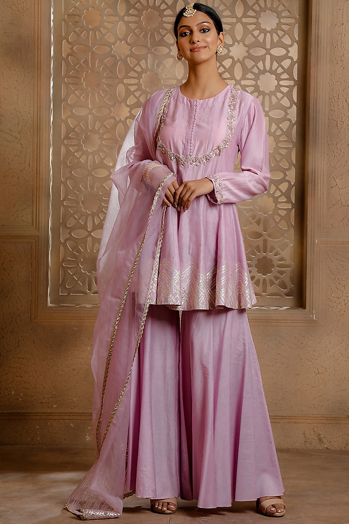 Lilac Chanderi Gharara Set by Omana by Ranjana Bothra