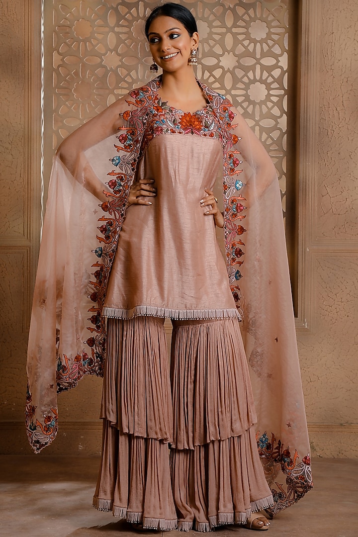 Blush Pink Crinkled Chiffon Gharara Set by Omana by Ranjana Bothra