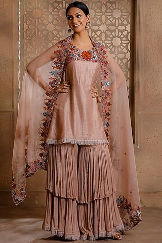 Blush Pink Crinkled Chiffon Gharara Set by Omana by Ranjana Bothra