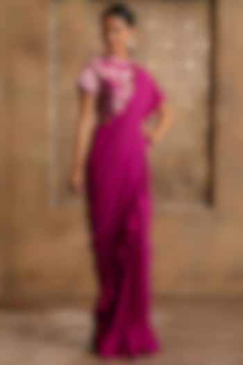 Magenta Semi Georgette Pre-Draped Saree Set by Omana by Ranjana Bothra
