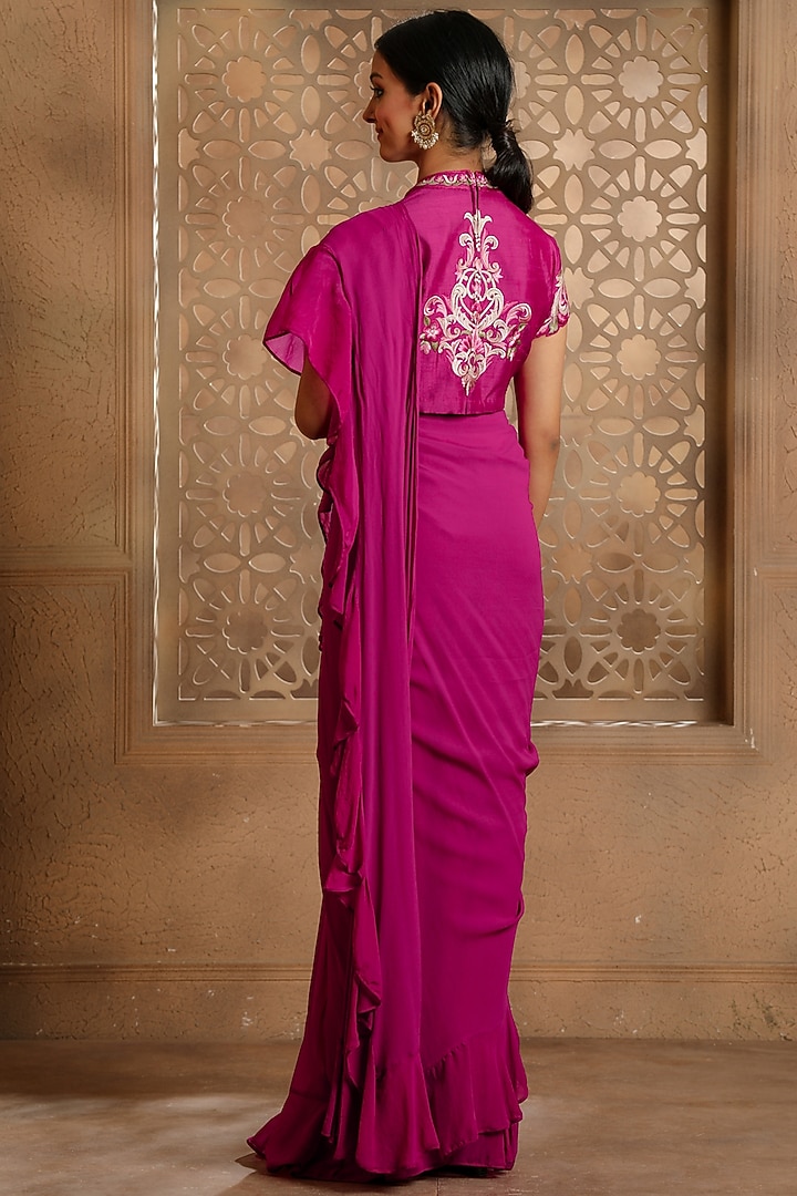 Magenta Semi Georgette Pre-Draped Wedding Saree Set by Omana by Ranjana Bothra at Pernia's Pop Up Shop