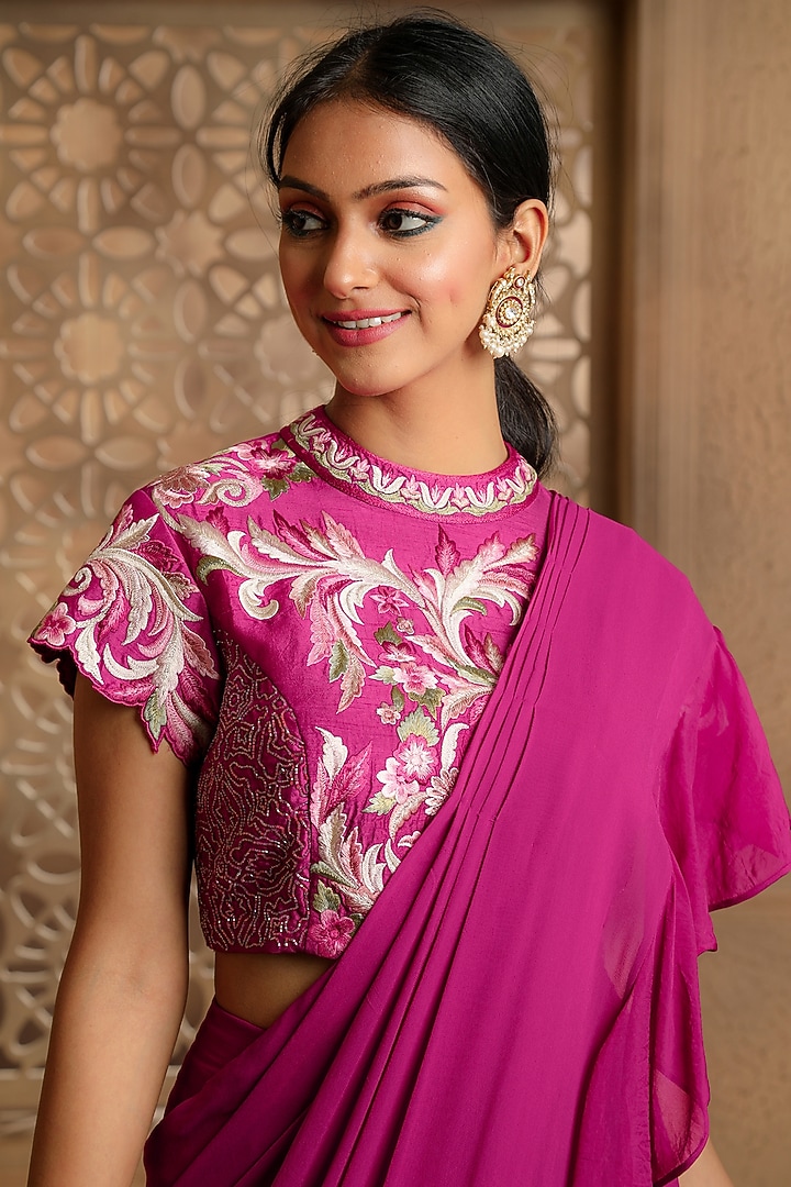 Magenta Semi Georgette Pre-Draped Wedding Saree Set by Omana by Ranjana Bothra at Pernia's Pop Up Shop