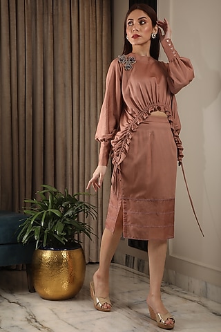 Brown Modal Satin Skirt Set by Omana by Ranjana Bothra