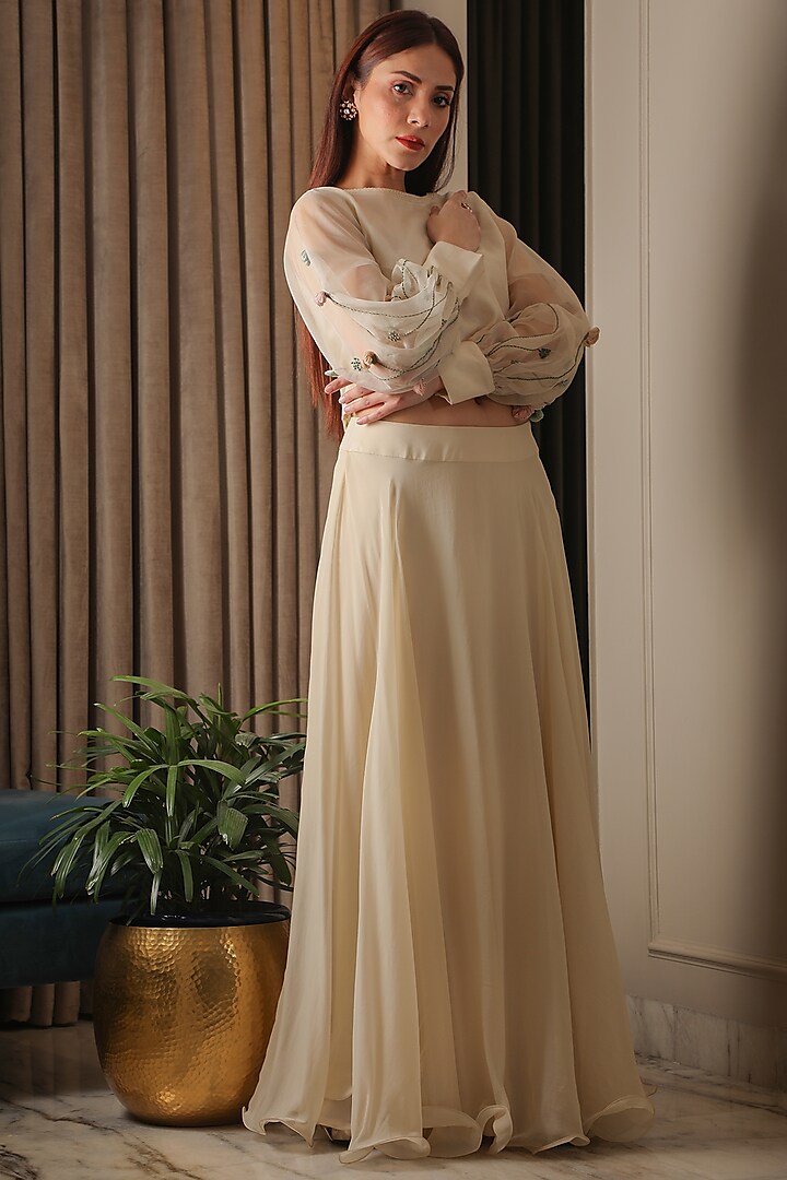 Ivory Satin Organza Skirt Set by Omana by Ranjana Bothra