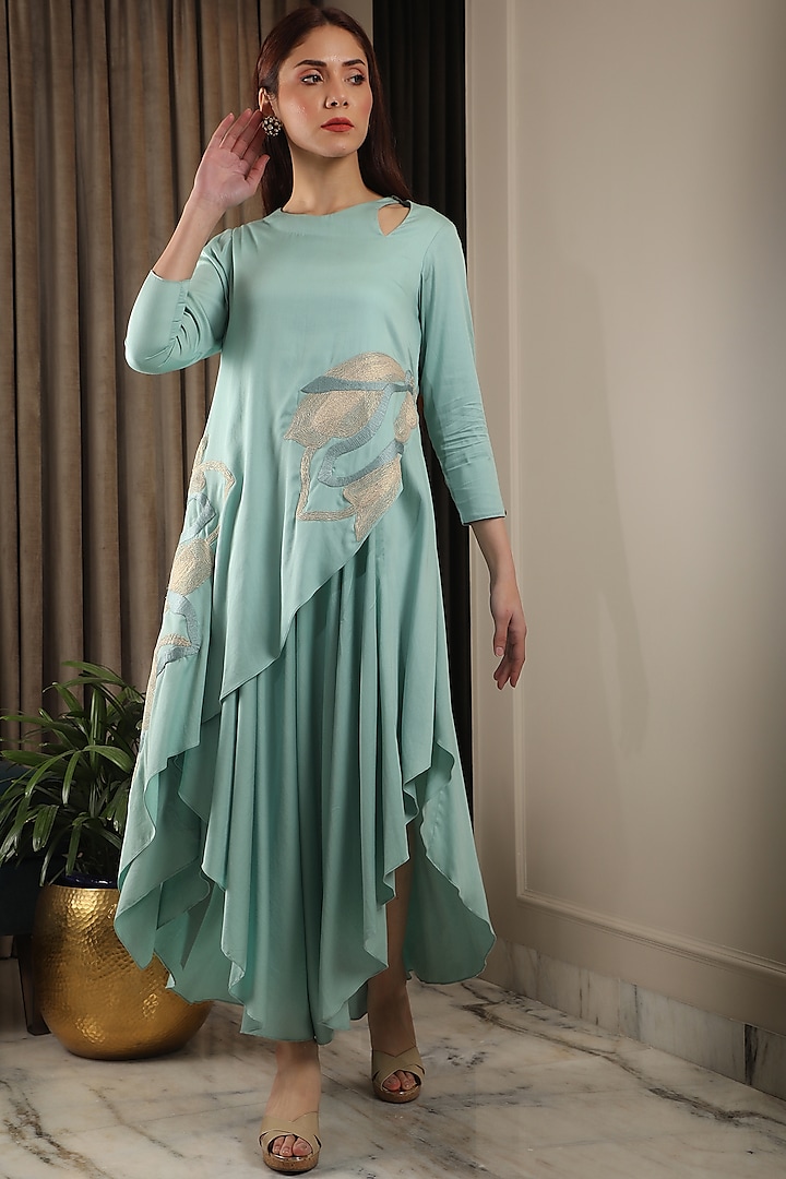 Powder Blue Modal Satin Layered Dress Design by Omana by Ranjana Bothra ...