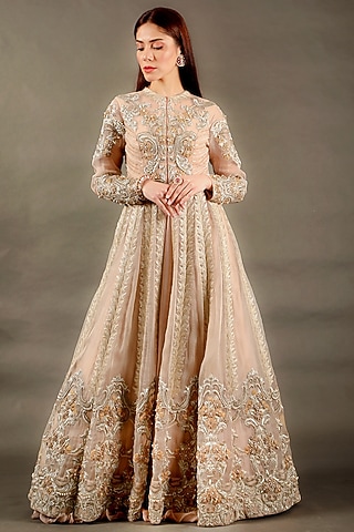 Blush Pink Organza Zardosi Hand Embroidered Jacket Set by Omana by Ranjana Bothra