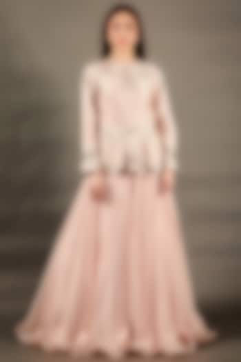 Blush Pink Viscose Satin Skirt Set by Omana by Ranjana Bothra
