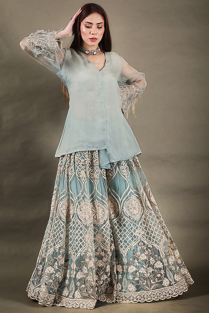 Powder Blue Net Embroidered Sharara Set by Omana by Ranjana Bothra