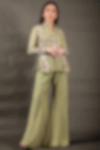 Green Viscose Satin Bell-Bottom Pant Set by Omana by Ranjana Bothra at Pernia's Pop Up Shop
