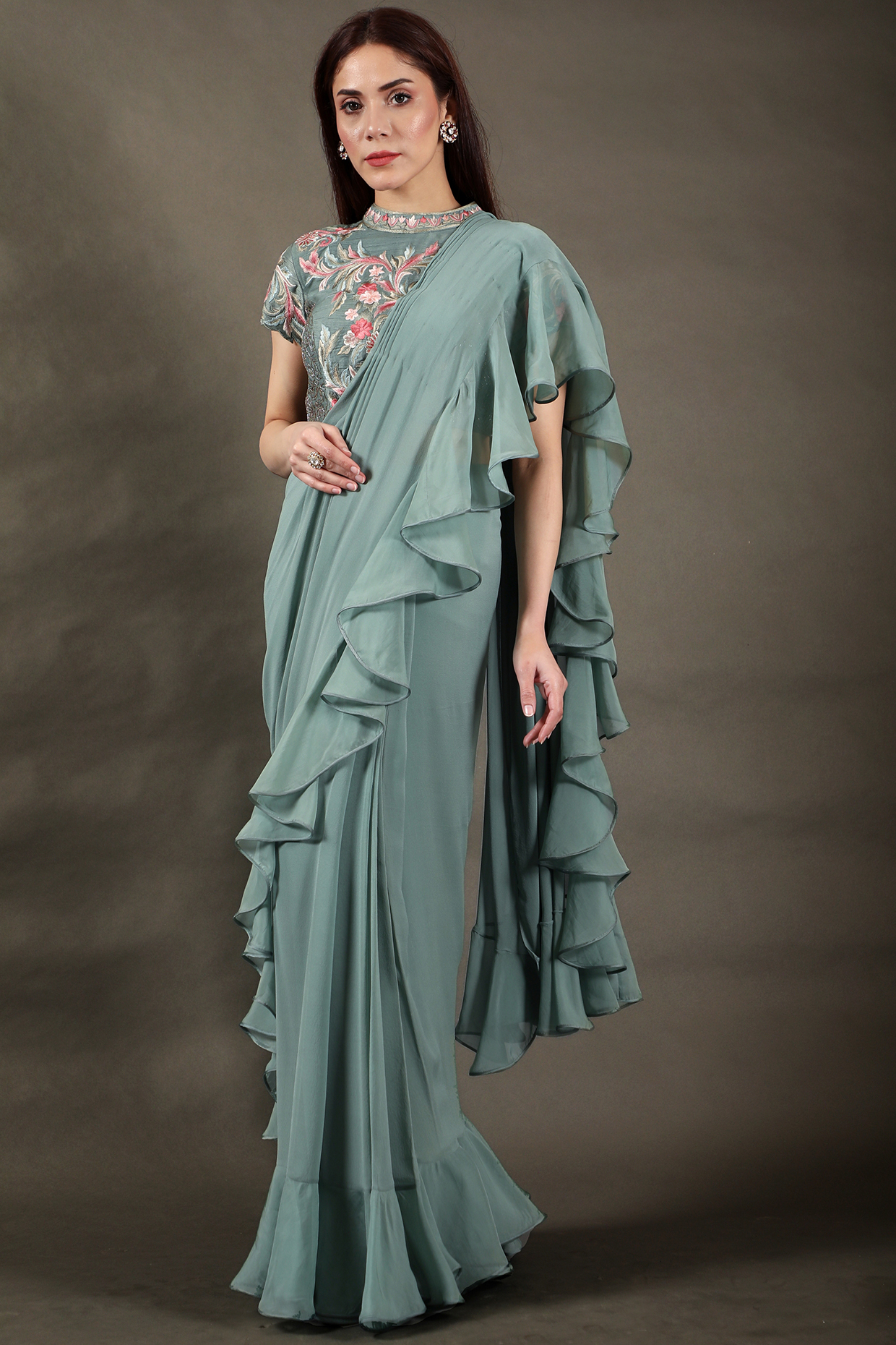 Teal Raw Silk Pre-Draped Wedding Saree Set by Omana by Ranjana Bothra at Pernia's Pop Up Shop