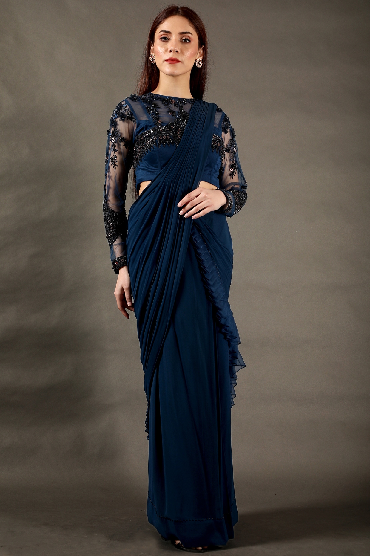 Navy Blue Georgette Pre-Draped Saree Set By Omana By Ranjana Bothra At ...