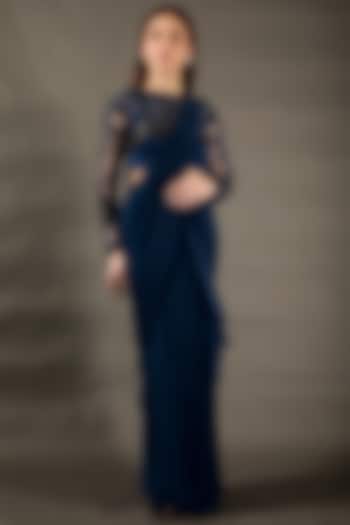 Navy Blue Georgette Pre-Draped Wedding Saree Set by Omana by Ranjana Bothra at Pernia's Pop Up Shop