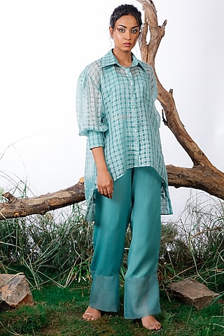 Aqua Blue Organza & Satin Co-Ord Set by Omana by Ranjana Bothra