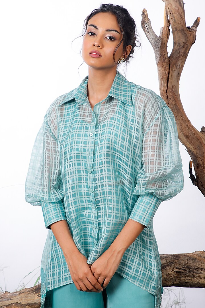 Aqua Blue Organza & Satin Co-Ord Set by Omana by Ranjana Bothra at Pernia's Pop Up Shop