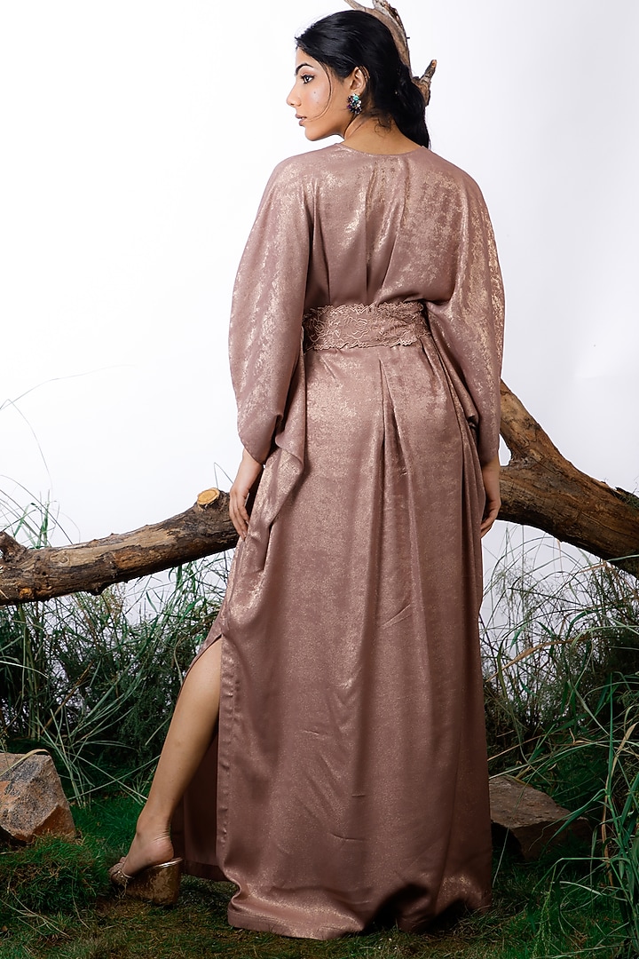 Bronze Sandwash Shimmer Satin Kaftan by Omana by Ranjana Bothra at Pernia's Pop Up Shop