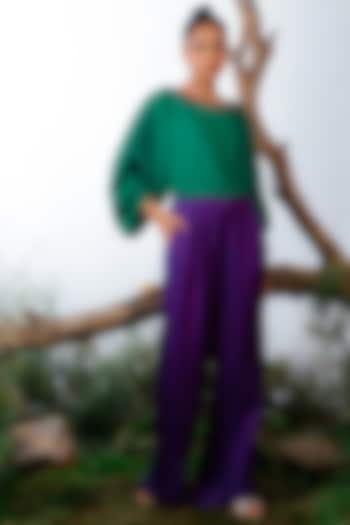 Green & Purple Satin Color Blocked & Embroidered Jumpsuit by Omana by Ranjana Bothra