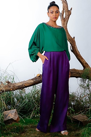 Green & Purple Satin Color Blocked & Embroidered Jumpsuit by Omana by Ranjana Bothra