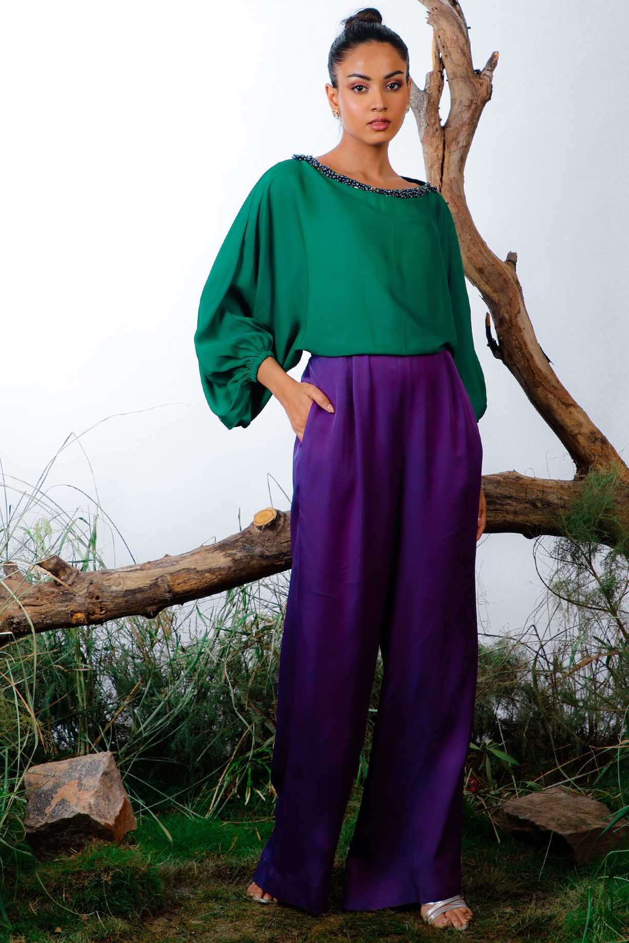 Green & Purple Satin Color Blocked & Embroidered Jumpsuit Design