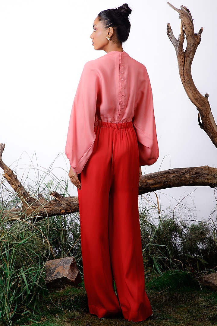 Pink & Red Satin Color Blocked & Embroidered Jumpsuit by Omana by Ranjana Bothra at Pernia's Pop Up Shop