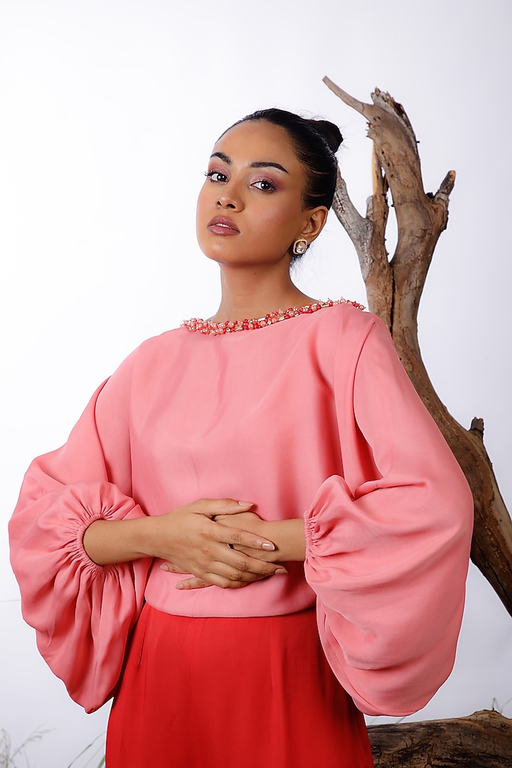 Pink & Red Satin Color Blocked & Embroidered Jumpsuit by Omana by Ranjana Bothra at Pernia's Pop Up Shop
