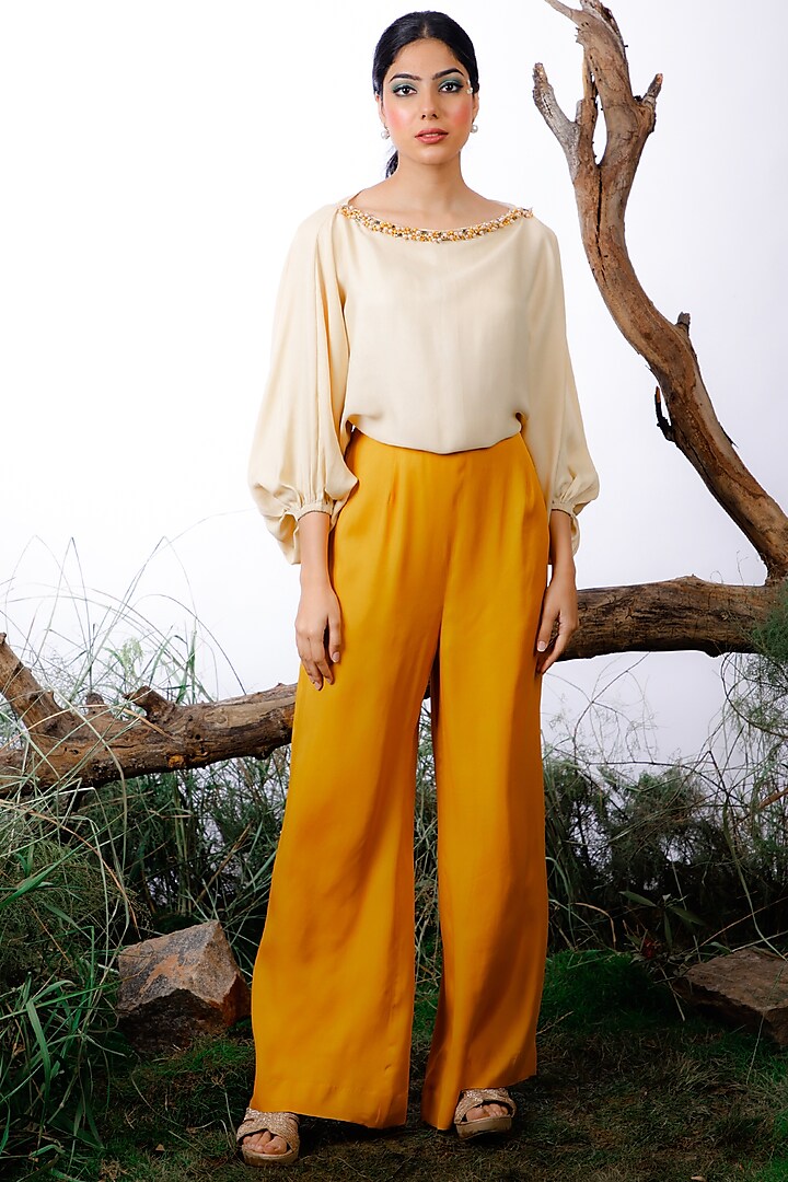 Ivory & Yellow Satin Color Blocked & Embroidered Jumpsuit by Omana by Ranjana Bothra